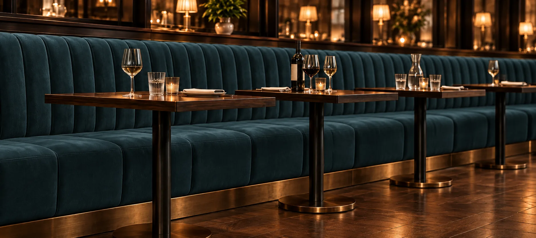 Burgundy velvet banquette seating along a restaurant wall