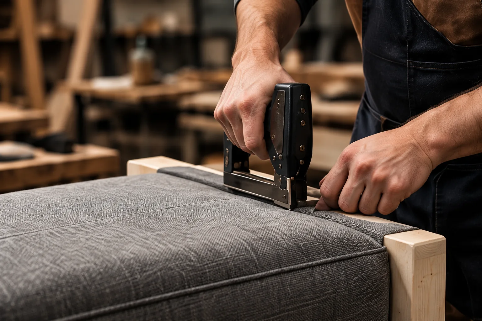 Craftsman upholstering a grey fabric seat by hand