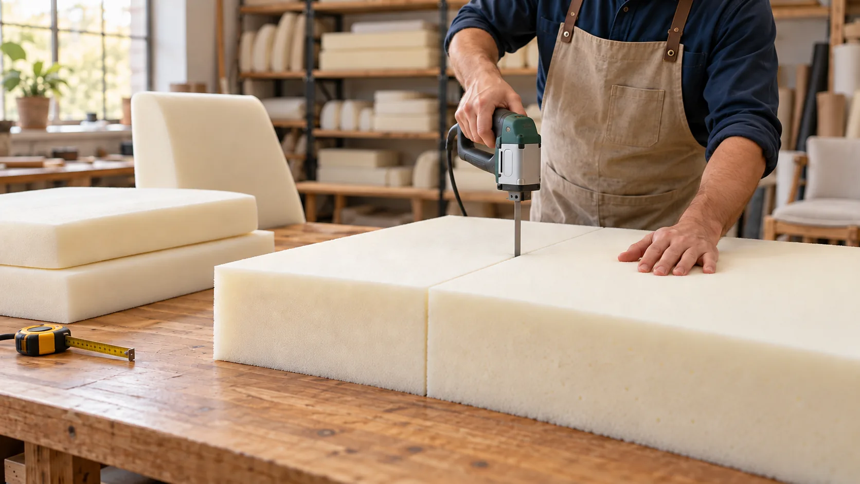 Upholstery foam being cut to size on a workbench