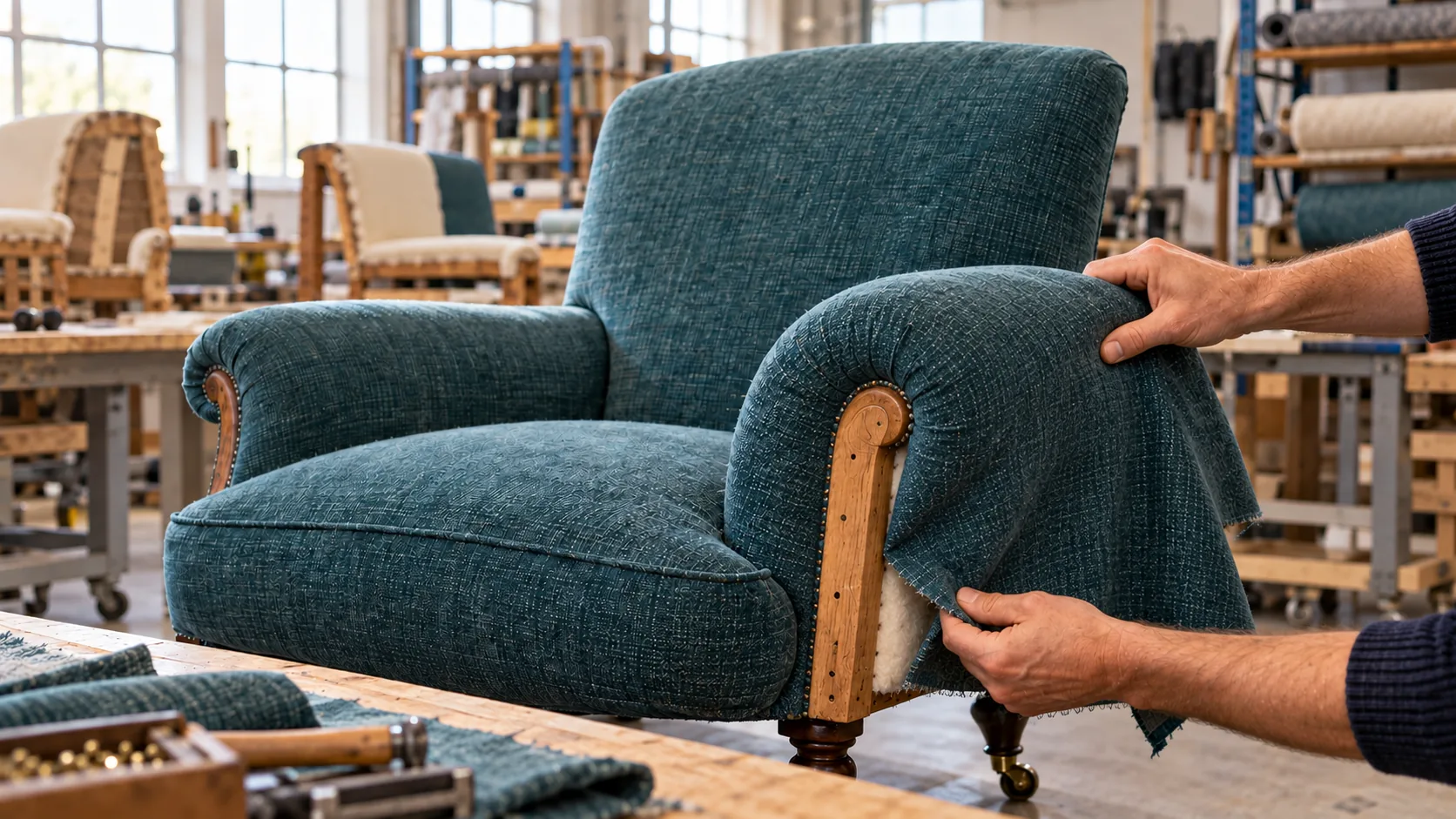 An armchair being reupholstered in teal fabric